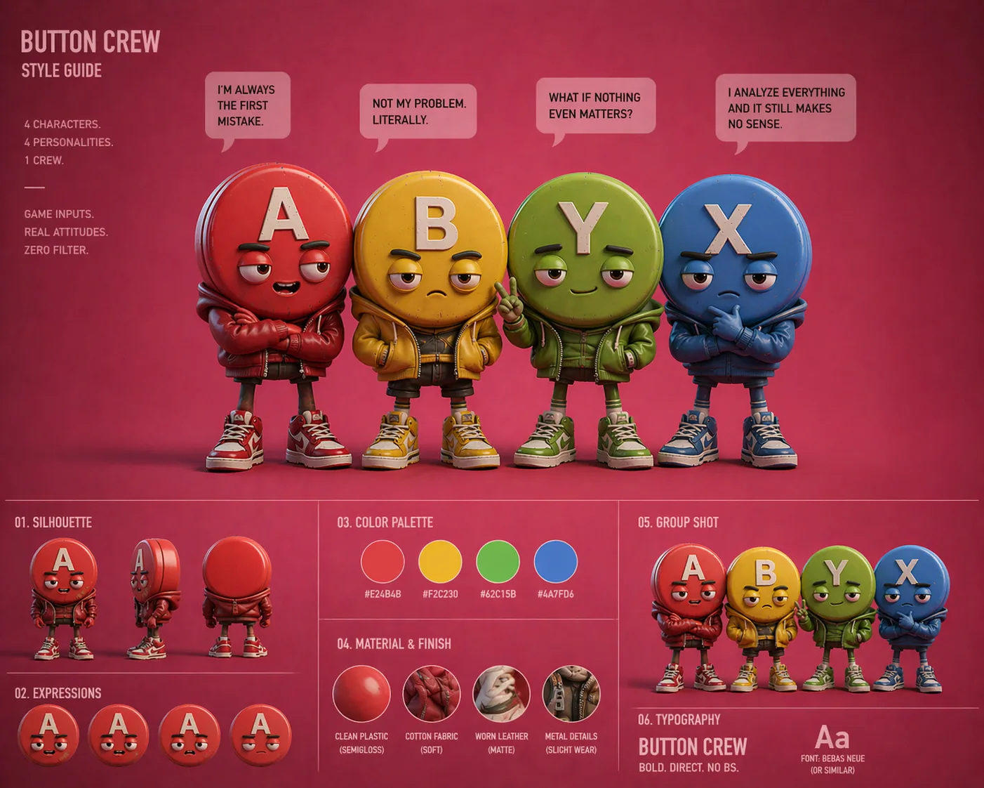 Guía visual del Button Crew con personalidad, grupo y acabado final