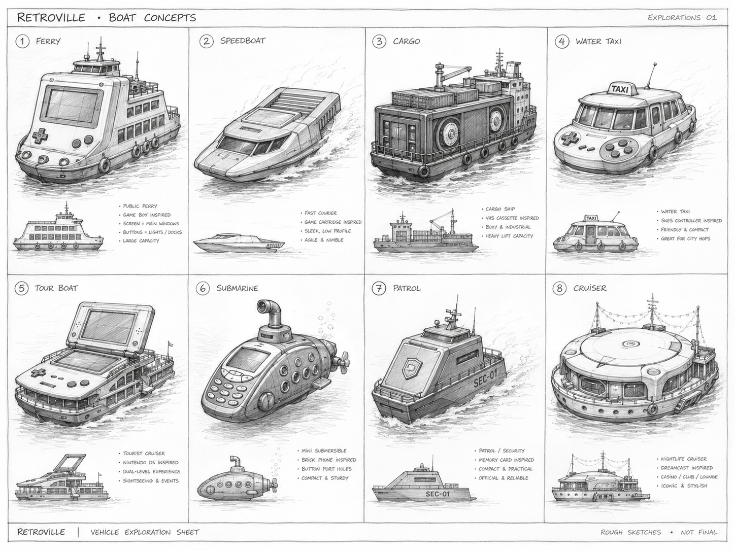Sketch del proceso de diseño de Boats Concept en Retroville