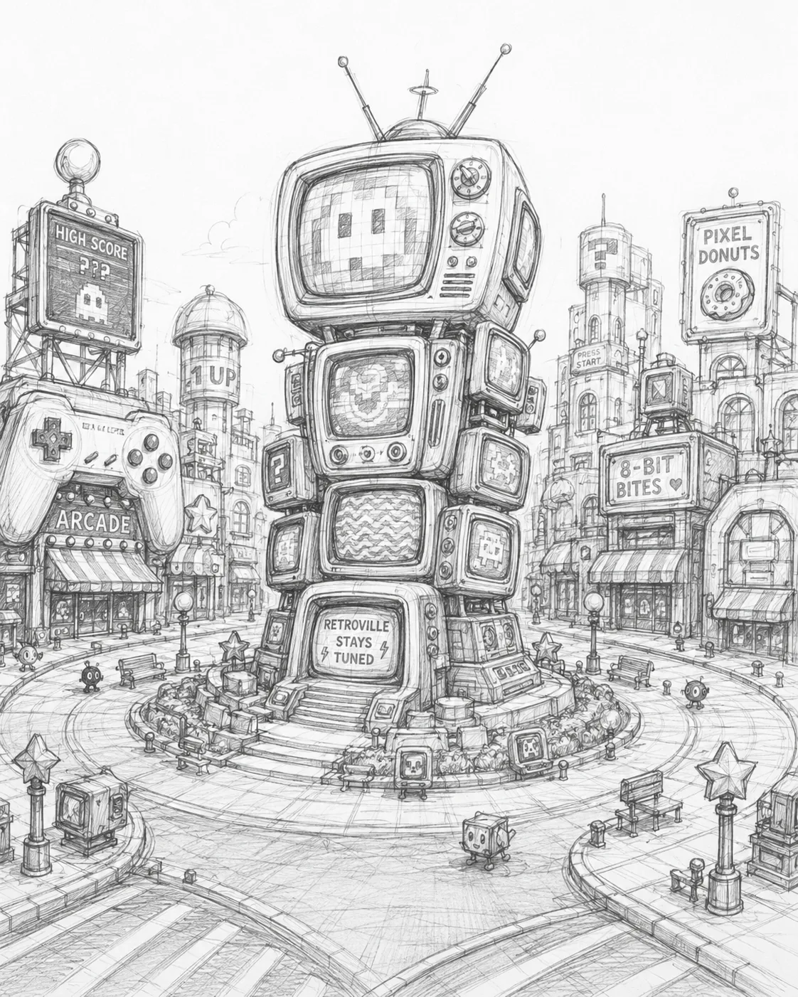 Concept art de Power Plaza en Retroville